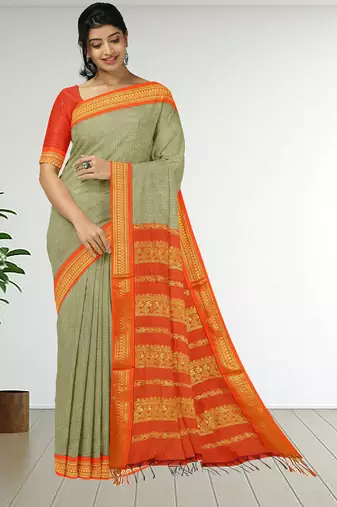 Silkly silver & vermilion orange polycotton kalyani saree with running blouse