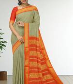 Silkly silver & vermilion orange polycotton kalyani saree with running blouse