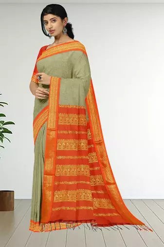 Silkly silver & vermilion orange polycotton kalyani saree with running blouse