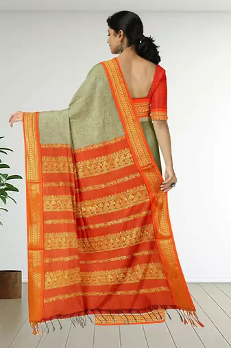 Silkly silver & vermilion orange polycotton kalyani saree with running blouse