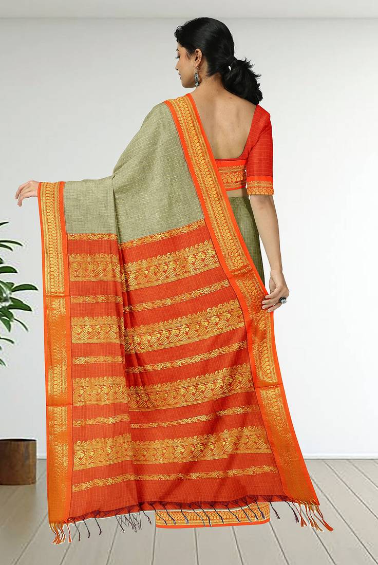 Silkly silver & vermilion orange polycotton kalyani saree with running blouse