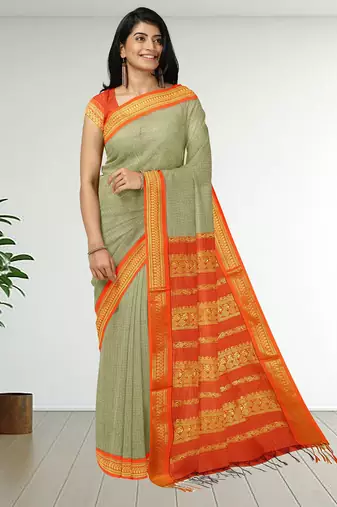 Silkly silver & vermilion orange polycotton kalyani saree with running blouse