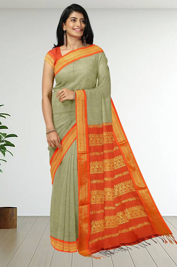 Silkly silver & vermilion orange polycotton kalyani saree with running blouse