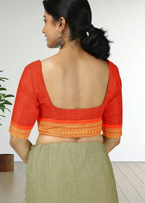Silky silver & vermilion orange polycotton kalyani saree with running blouse 5