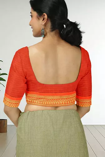 Silkly silver & vermilion orange polycotton kalyani saree with running blouse