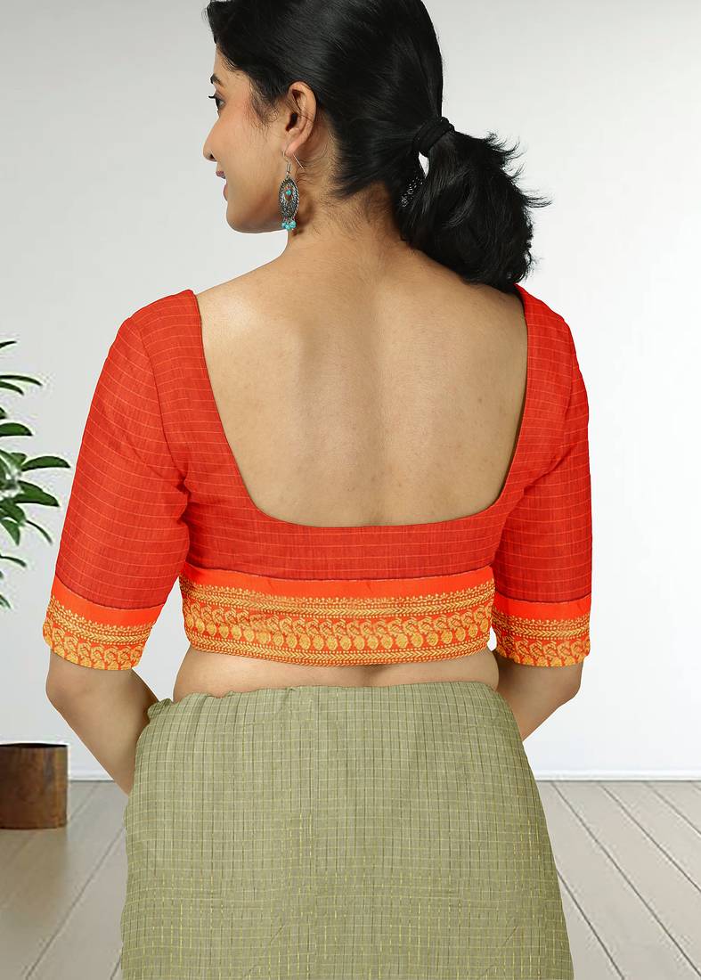 Silkly silver & vermilion orange polycotton kalyani saree with running blouse