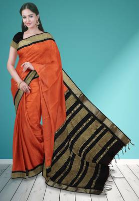 Burnt orange & dark chocolate brown polycotton kalyani saree with running blouse 1