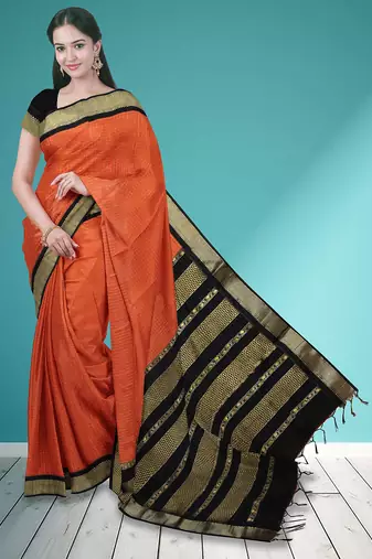 Burnt orange & dark chocolate brown polycotton kalyani saree with running blouse