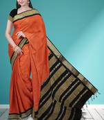 Burnt orange & dark chocolate brown polycotton kalyani saree with running blouse