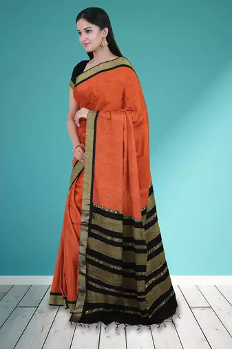 Burnt orange & dark chocolate brown polycotton kalyani saree with running blouse