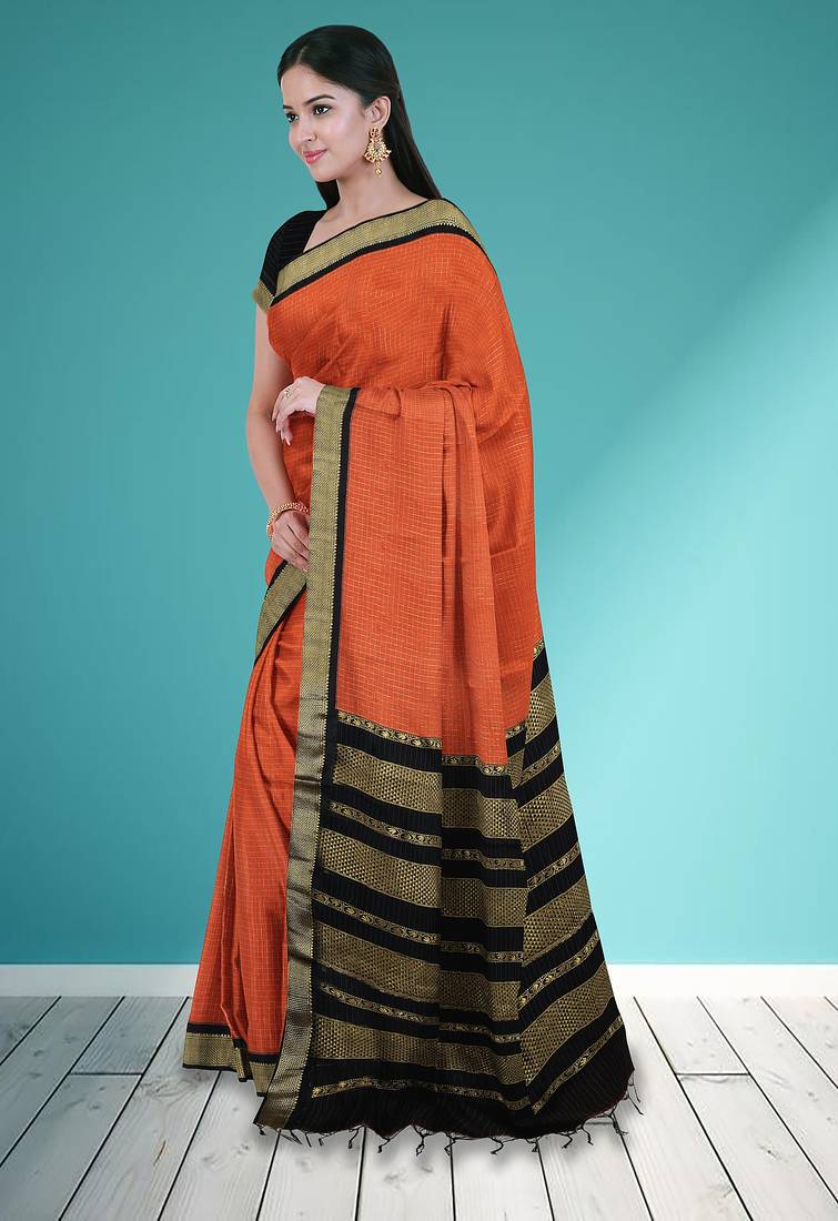 Burnt orange & dark chocolate brown polycotton kalyani saree with running blouse