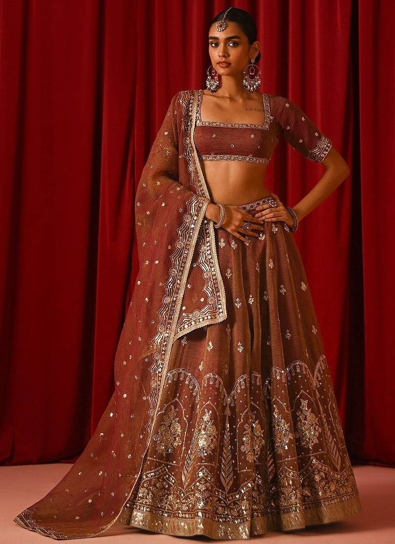Captivating Brown Zari and Sequins Embroidered Fandy Silk indian designer wedding lehenga choli