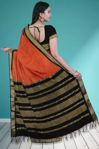 Burnt orange & dark chocolate brown polycotton kalyani saree with running blouse