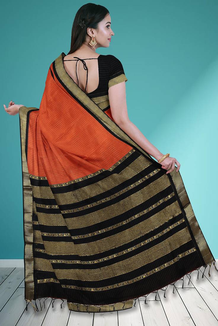 Burnt orange & dark chocolate brown polycotton kalyani saree with running blouse