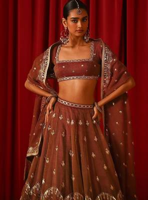 Captivating Brown Zari and Sequins Embroidered Fandy Silk indian designer wedding lehenga choli 2
