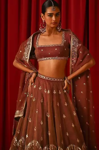 Captivating Brown Zari and Sequins Embroidered Fandy Silk indian designer wedding lehenga choli