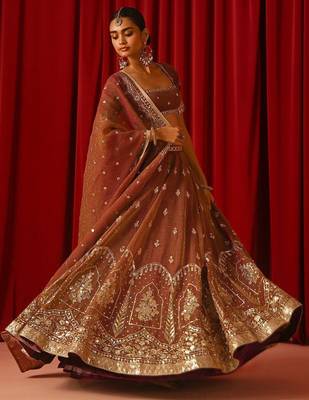 Captivating Brown Zari and Sequins Embroidered Fandy Silk indian designer wedding lehenga choli 3