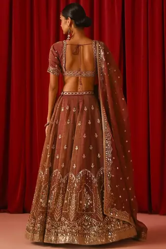 Captivating Brown Zari and Sequins Embroidered Fandy Silk indian designer wedding lehenga choli
