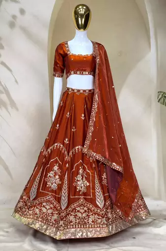 Captivating Brown Zari and Sequins Embroidered Fandy Silk indian designer wedding lehenga choli