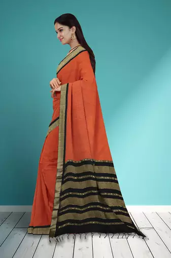 Burnt orange & dark chocolate brown polycotton kalyani saree with running blouse