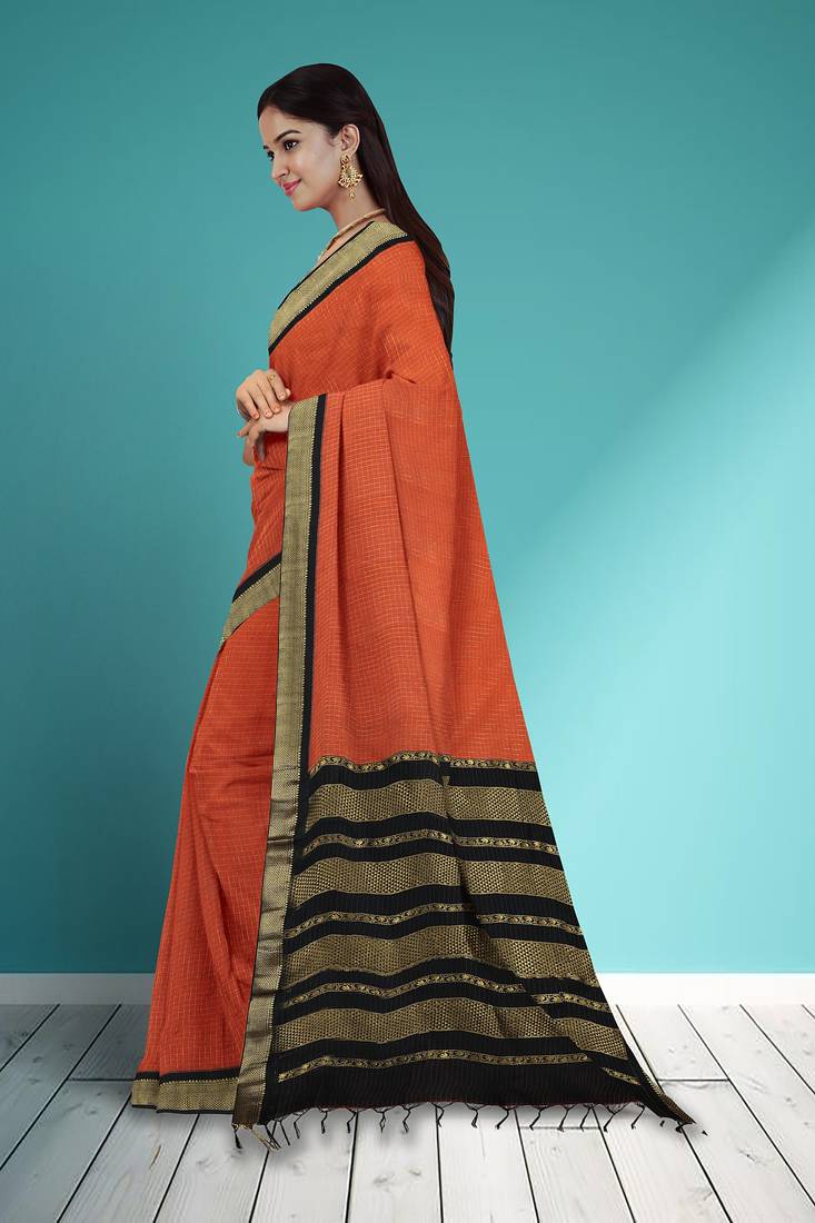 Burnt orange & dark chocolate brown polycotton kalyani saree with running blouse