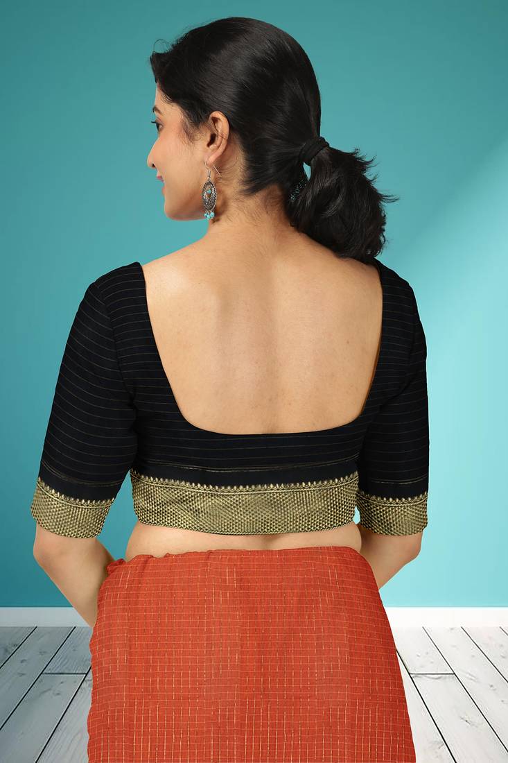 Burnt orange & dark chocolate brown polycotton kalyani saree with running blouse