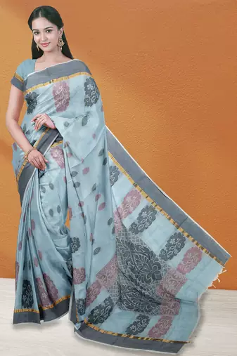 Powder blue & dusty mauve kovai cotton saree with running blouse