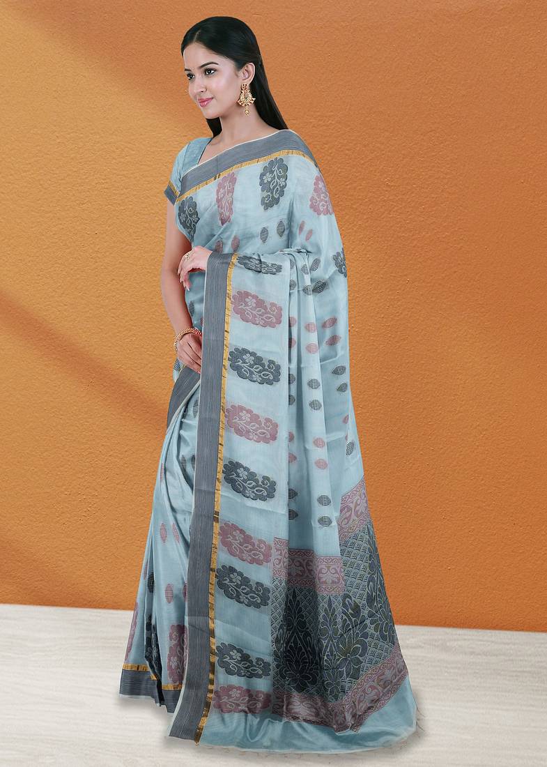 Powder blue & dusty mauve kovai cotton saree with running blouse