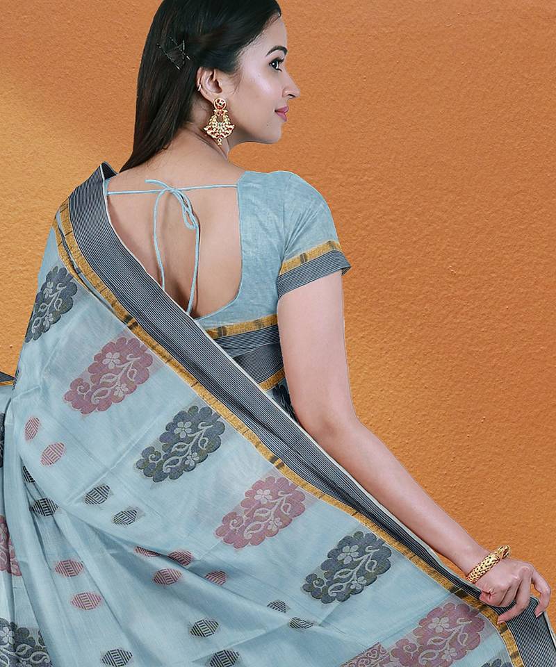Powder blue & dusty mauve kovai cotton saree with running blouse