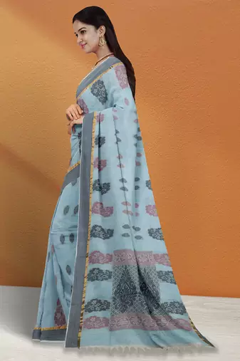 Powder blue & dusty mauve kovai cotton saree with running blouse