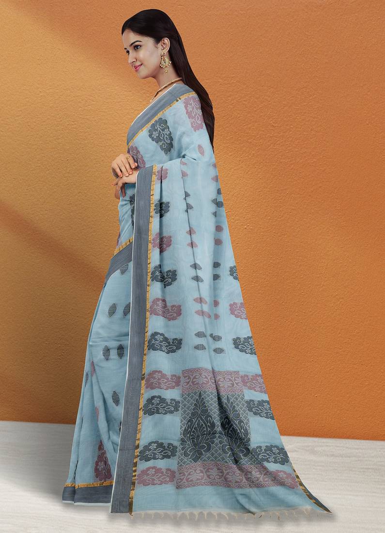 Powder blue & dusty mauve kovai cotton saree with running blouse