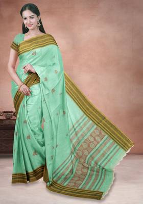 Mint green & antique gold kovai cotton saree with running blouse 1