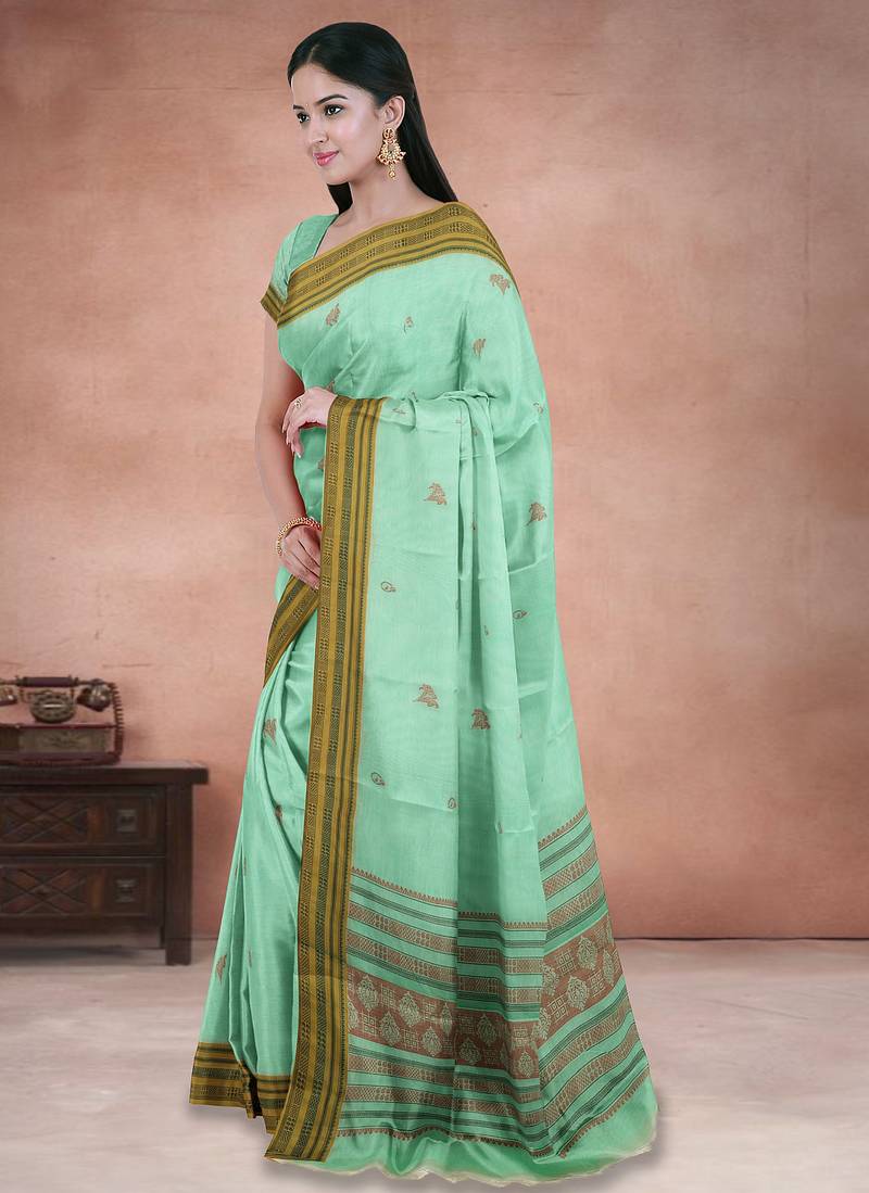 Mint green & antique gold kovai cotton saree with running blouse
