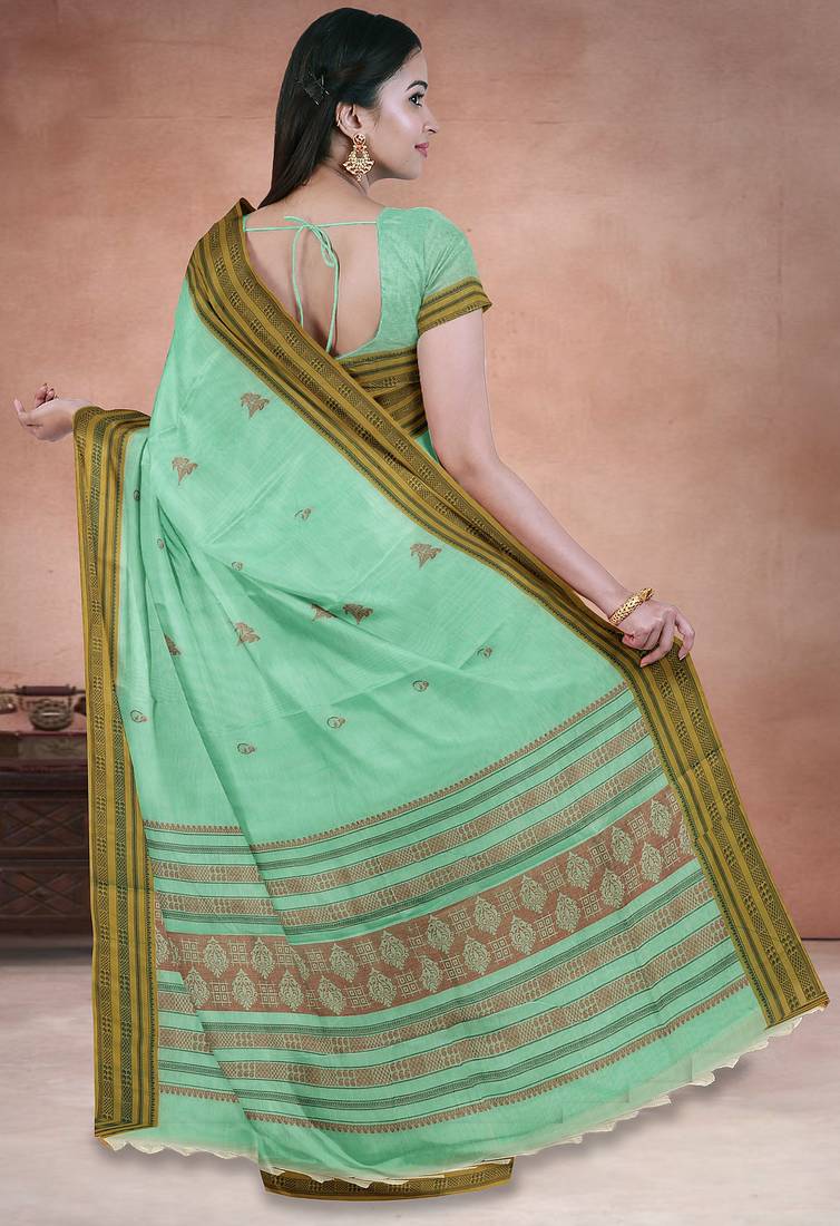 Mint green & antique gold kovai cotton saree with running blouse
