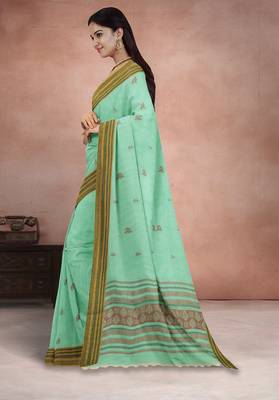 Mint green & antique gold kovai cotton saree with running blouse 4