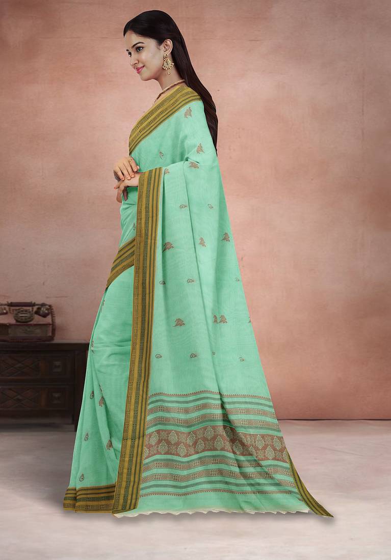 Mint green & antique gold kovai cotton saree with running blouse