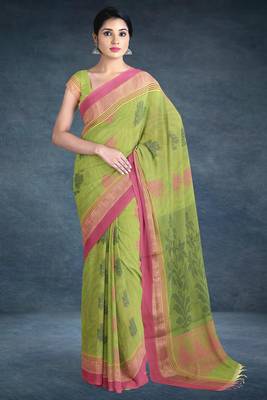 Pistachio green & rose pink kovai cotton saree with running blouse 1