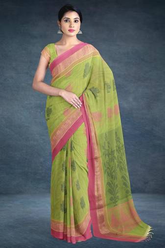 Pistachio green & rose pink kovai cotton saree with running blouse