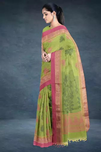 Pistachio green & rose pink kovai cotton saree with running blouse