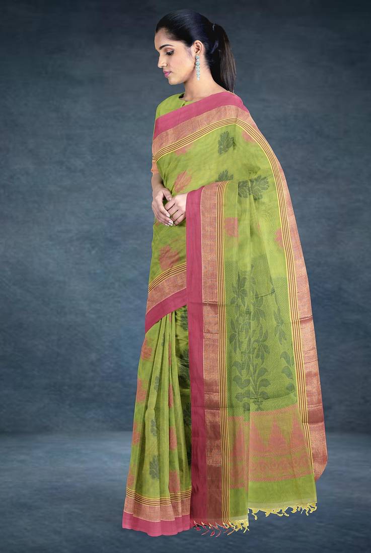 Pistachio green & rose pink kovai cotton saree with running blouse