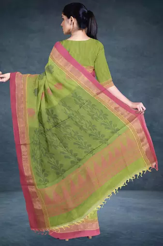 Pistachio green & rose pink kovai cotton saree with running blouse