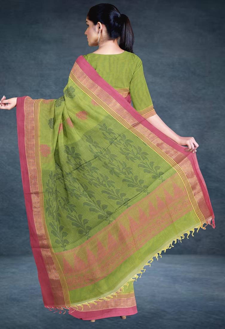 Pistachio green & rose pink kovai cotton saree with running blouse