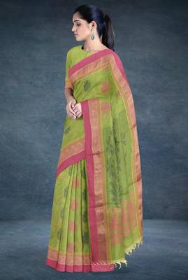 Pistachio green & rose pink kovai cotton saree with running blouse 4