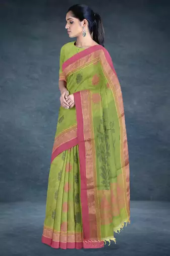 Pistachio green & rose pink kovai cotton saree with running blouse