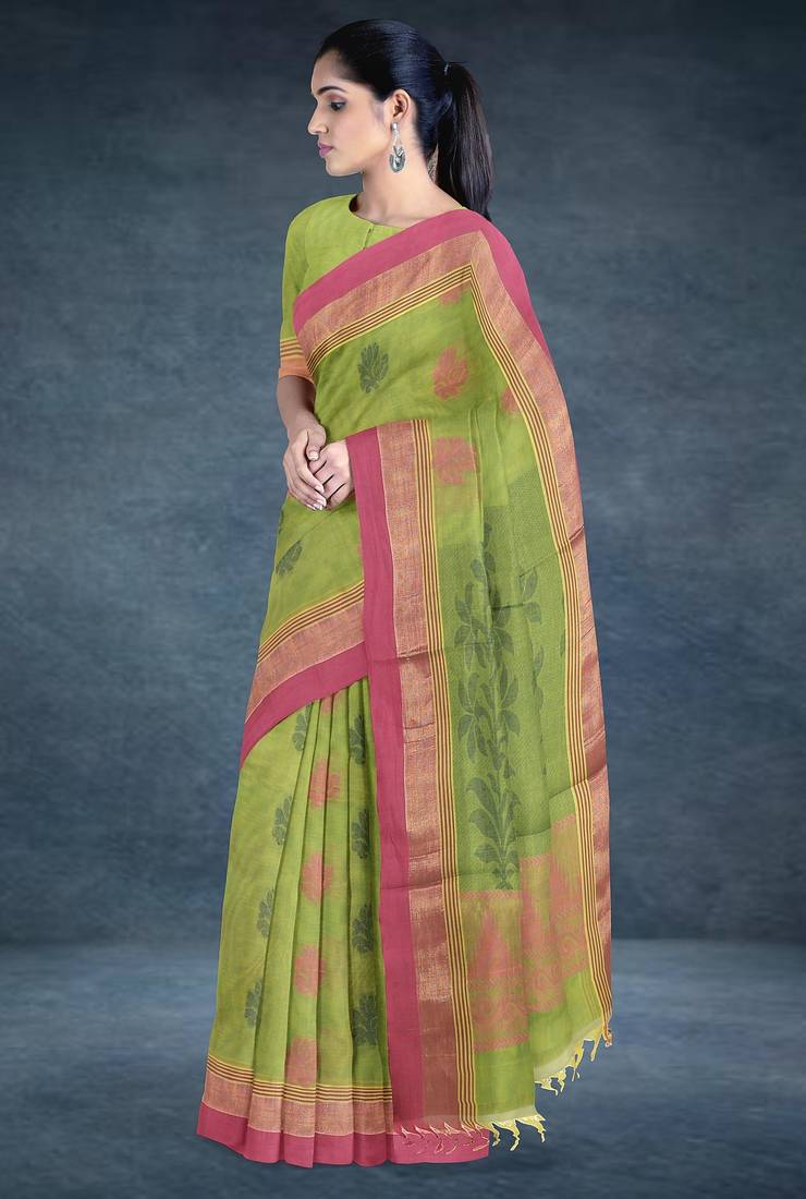 Pistachio green & rose pink kovai cotton saree with running blouse