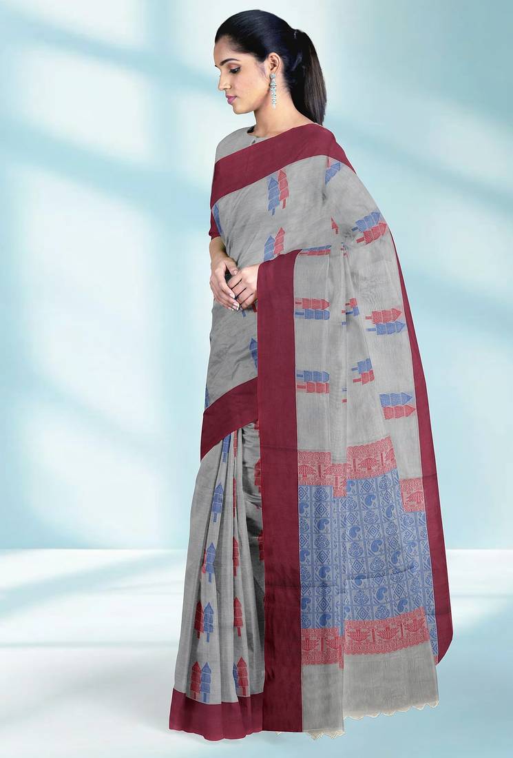 Pearl grey & rosewood pink kovai cotton saree with running blouse
