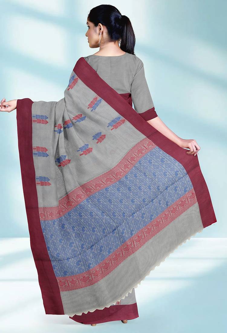 Pearl grey & rosewood pink kovai cotton saree with running blouse