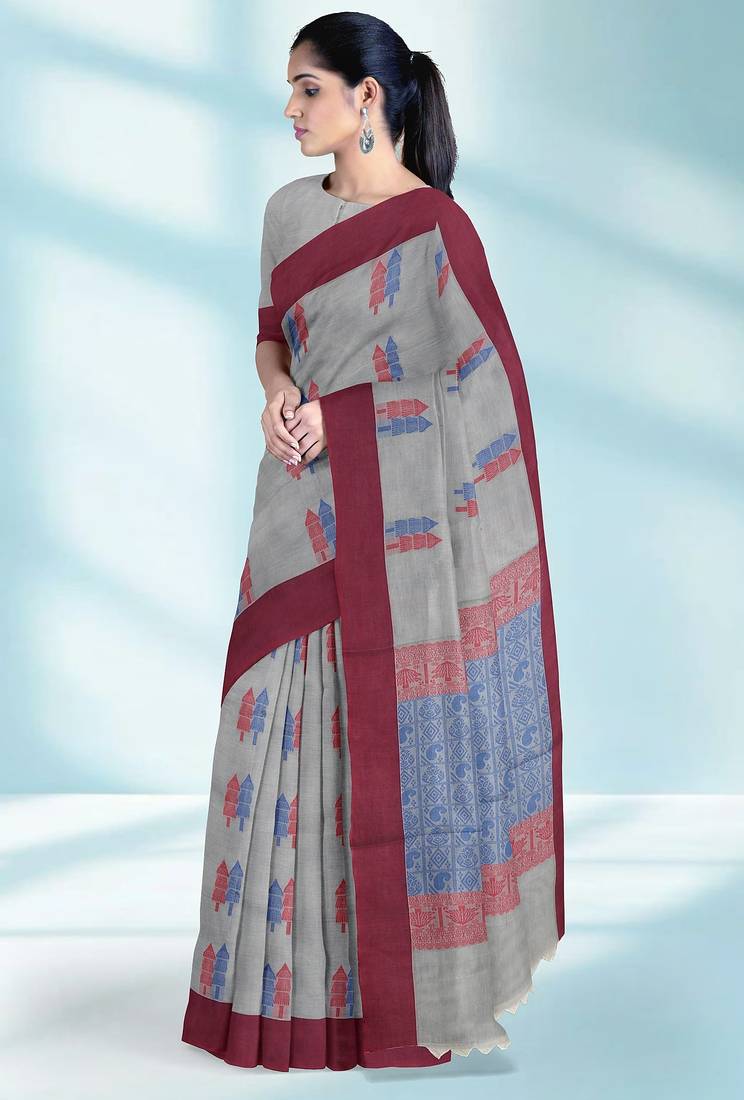 Pearl grey & rosewood pink kovai cotton saree with running blouse