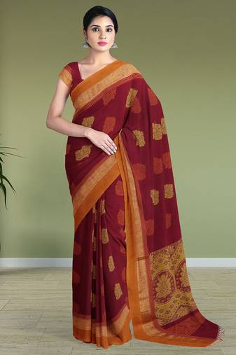 Wine red & burnt saffron kovai coimbatore cotton saree with running blouse