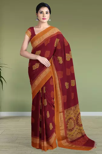 Wine red & burnt saffron kovai coimbatore cotton saree with running blouse